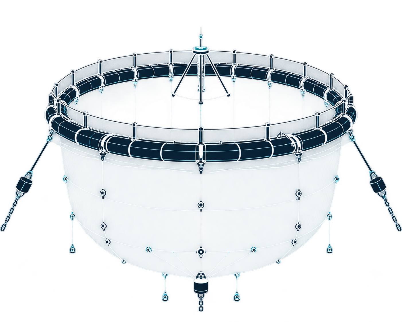 Technical drawing of an aquaculture net pen